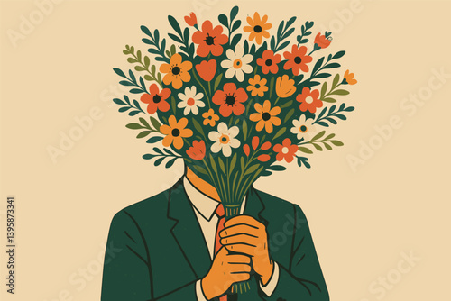Vibrant floral bouquet with person in suit concealed by flowers