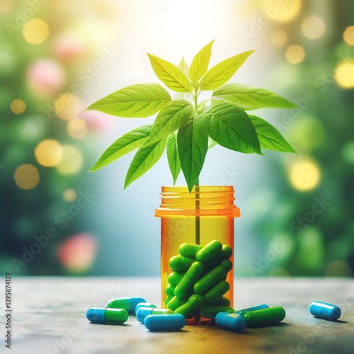 Anti-Drug Awareness – Nature Replacing Addiction. Green Plant Growing from Pill Bottle – Drug Recovery and Hope Concept. Drug-Free Future Concept – Plant Emerging from Pharmaceutical Bottle
