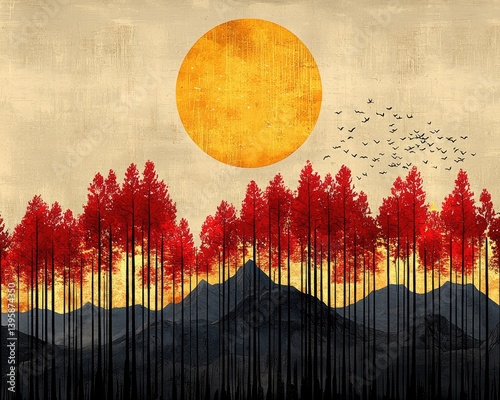Red forest silhouette at sunset, large yellow sun, flock of birds flying