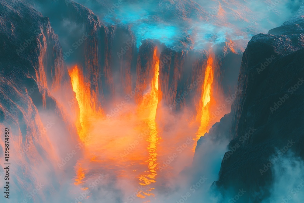 Fototapeta premium A surreal mountain pass drowning in pastel mists of orange and blue, with glowing reflections catching the sunlight.