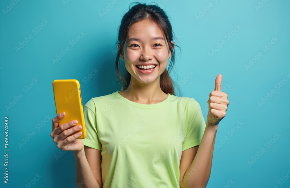 Young asian woman holding smartphone, showing thumb up gesture, smiling. Happy female with phone, positive feedback, good news, mobile apps, online service. Advertisement concept, social media like. Young asian woman holding smartphone, showing thumb up gesture, smiling. Happy female with phone, positive feedback, good news, mobile apps, online service. Advertisement concept, social media like.