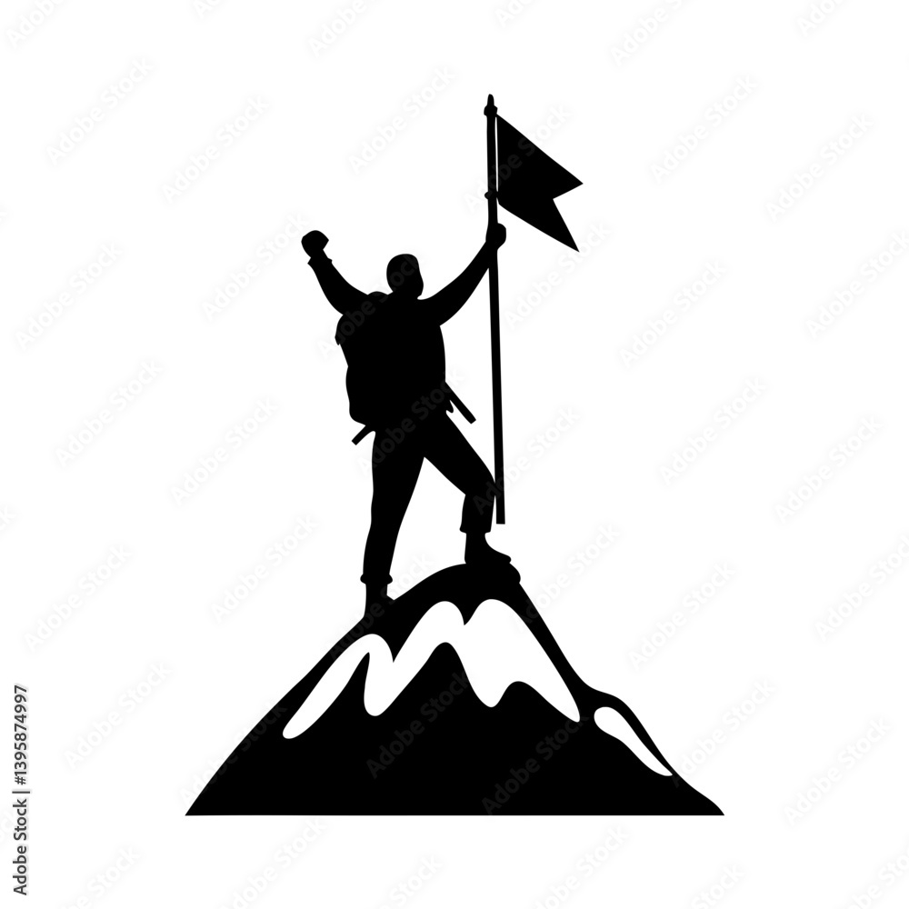 Fototapeta premium Silhouette of a Climber Reaching the Summit with a Flag Triumphantly