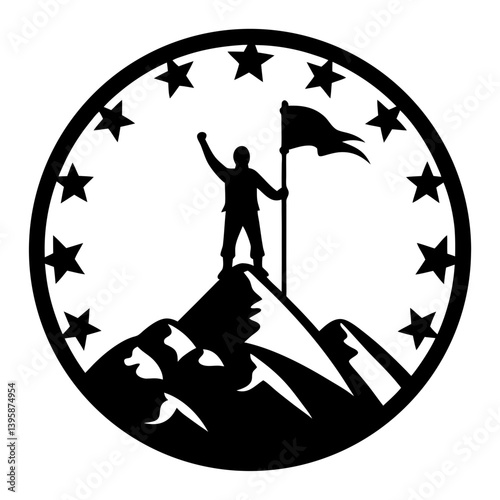 Climber Reaching the Summit Triumphantly with a Flag a Mountaintop Achievement Icon