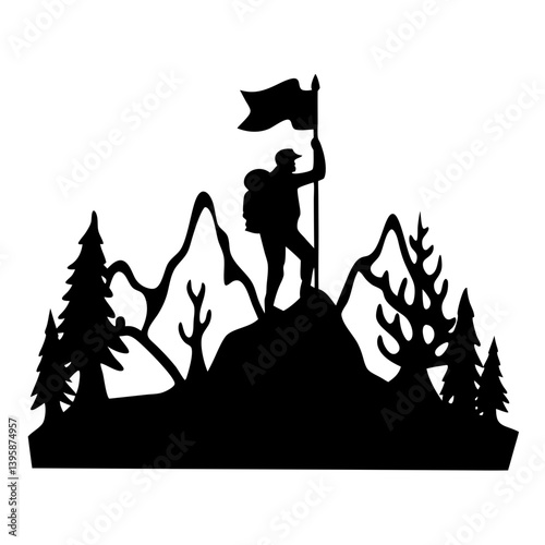 Silhouette of a Climber Reaching the Summit with a Flag Mountain Landscape