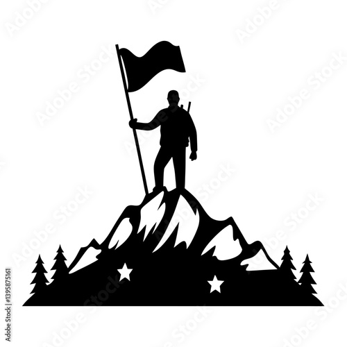 Silhouette of a Climber Reaching the Summit of a Mountain with a Flag
