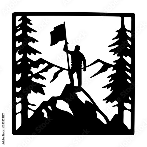 Silhouette of a Climber Reaching the Summit of a Mountain Peak with a Flag