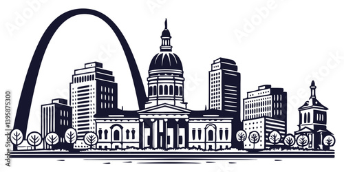 St. Louis vector silhouette skyline featuring the Gateway Arch, historic buildings, and urban skyline.