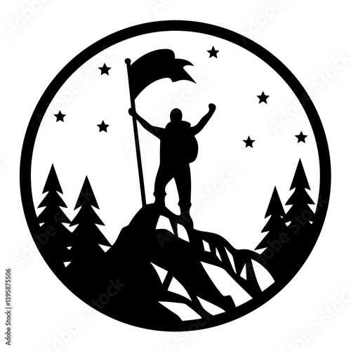 Silhouette of a Hiker Reaching the Summit at Night with a Flag a Starry Sky and Pine Trees