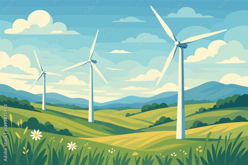 Renewable energy wind turbine farm in lush green hills with blue sky scenery