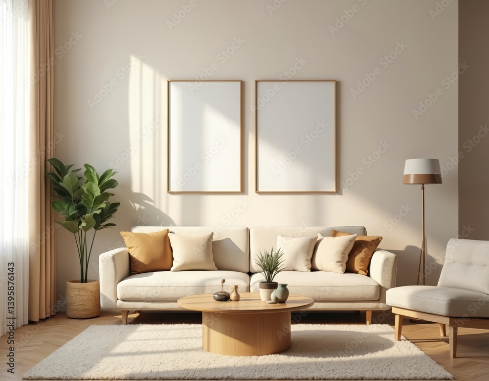 Fototapeta premium Modern living room interior mockup with blank frames for art photos. Sofa pillows coffee table rug lamp home decor elements. Minimalist design, cozy light atmosphere with shadows from window. Empty