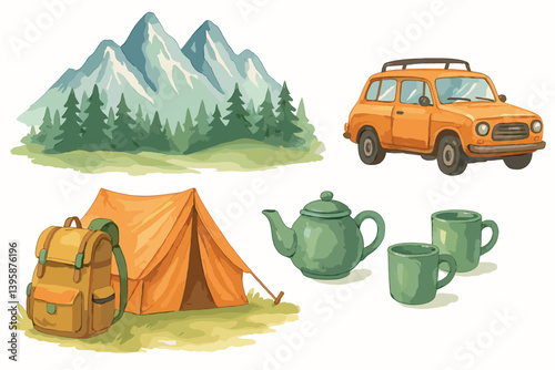 Outdoor adventure elements with tent, car, and camping gear - perfect for travel design