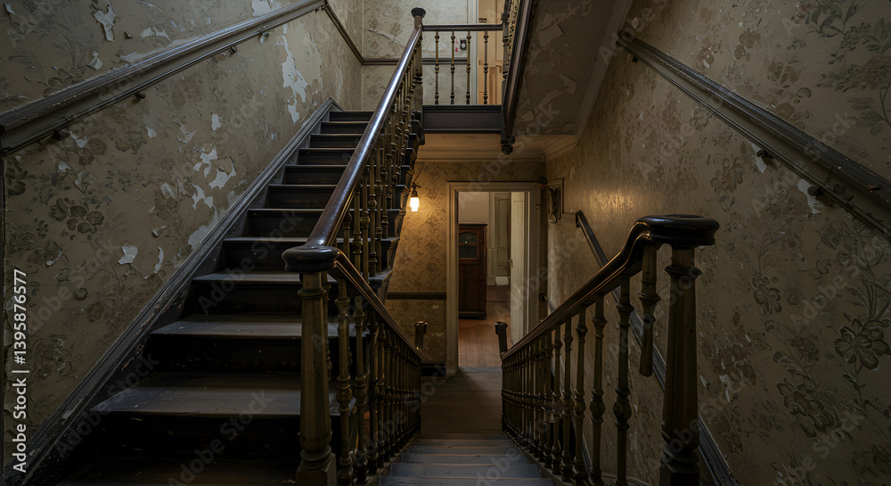 Fototapeta premium Grand Victorian Staircase With Faded Wallpaper And Dim Lighting Effect