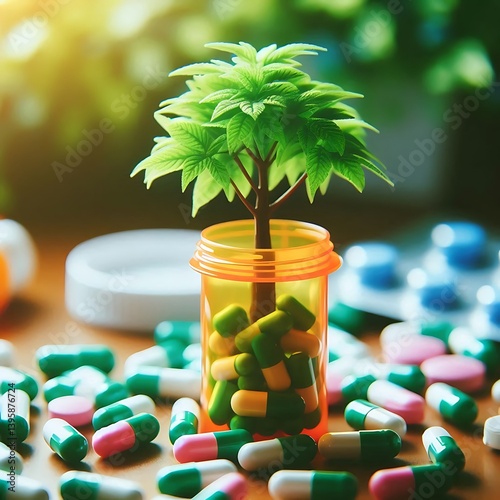 Anti-Drug Awareness – Nature Replacing Addiction. Green Plant Growing from Pill Bottle – Drug Recovery and Hope Concept. Drug-Free Future Concept – Plant Emerging from Pharmaceutical Bottle