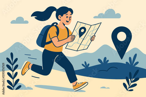 Adventurous woman hiking with map and backpack in mountain scenery