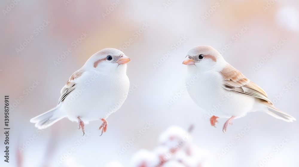 Fototapeta premium Two small birds facing each other on a snowy branch, delicate winter scene with soft pastel background, and peaceful and serene composition.