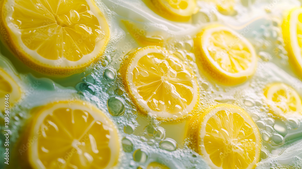 Lime slices with refreshing lemonade liquid background. Texture of detox cooling sweet summer drink with macro texture