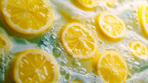 Obraz na płótnie Lime slices with refreshing lemonade liquid background. Texture of detox cooling sweet summer drink with macro texture w salonie