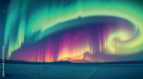 Glowing aurora borealis background with northern lights effect and cosmic landscape.
