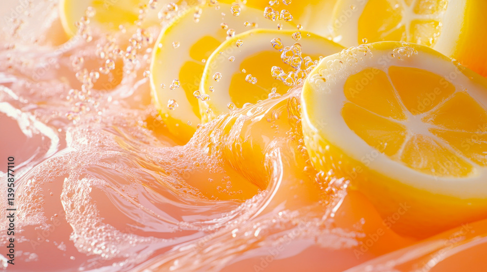Lime slices with refreshing lemonade liquid background. Texture of detox cooling sweet summer drink with macro texture