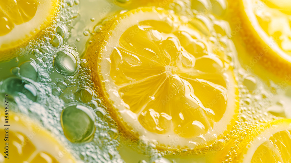 Lime slices with refreshing lemonade liquid background. Texture of detox cooling sweet summer drink with macro texture