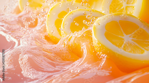Obraz na płótnie Lime slices with refreshing lemonade liquid background. Texture of detox cooling sweet summer drink with macro texture w salonie