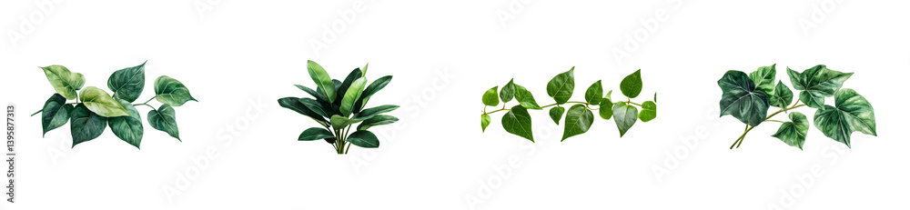 Naklejka premium Lush Green Foliage Assortment on Black Backdrop, cut out transparent