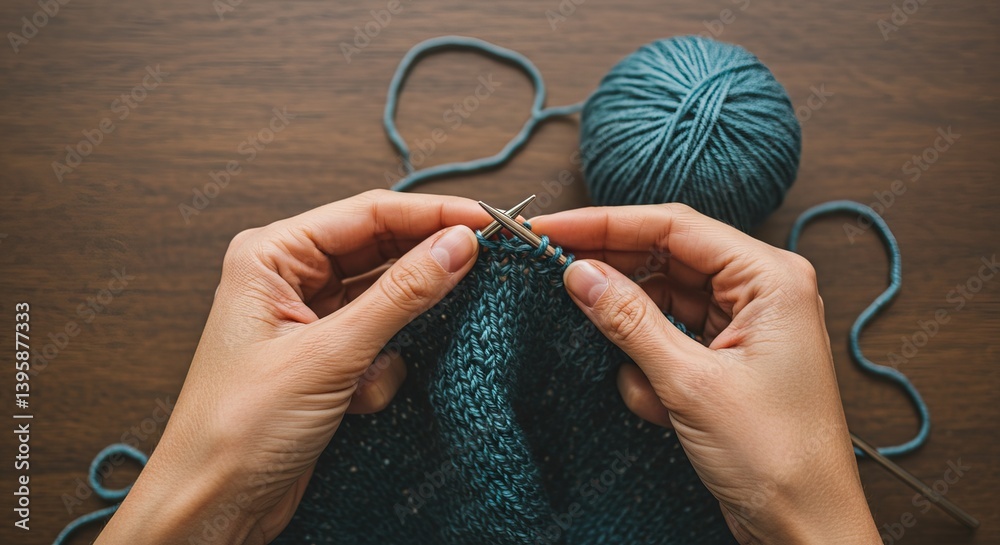 Hands knitting a blue garment with needles and a ball of yarn on wood