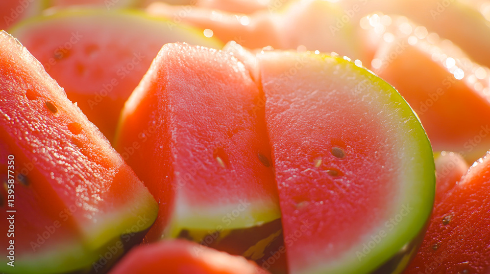 Ripe juicy watermelon with dark seeds macro texture. Slice of delicious organic watermelon pulp. Fresh summer fruit abstract background.
