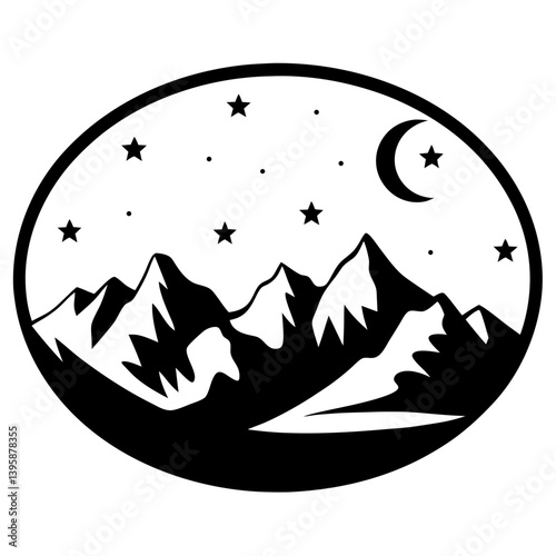 Majestic Mountains Under a Night Sky with Crescent Moon and Stars Scenic Landscape Illustration