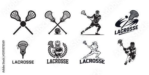 Black and White Lacrosse Equipment and Player icon Illustrations for Sports Brand