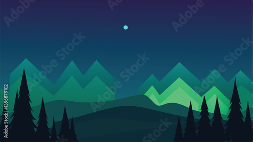 Magical Aurora Borealis Display Over a Pine Forest at Night Vector Illustration Background