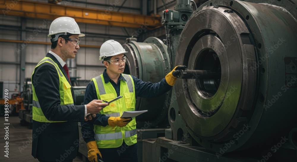 Engineers inspecting machinery in a factory setting with safety gear and a tablet for documentation Engineers inspecting machinery in a factory setting with safety gear and a tablet for documentation