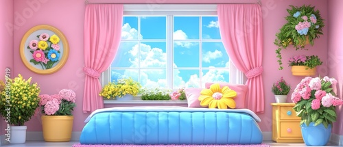 Pastel floral bedroom with a sunny window