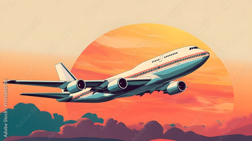 Fototapeta premium soaring flight: A modern aircraft gracefully ascends towards the sun, an image symbolizing travel, adventure, and the allure of new horizons.