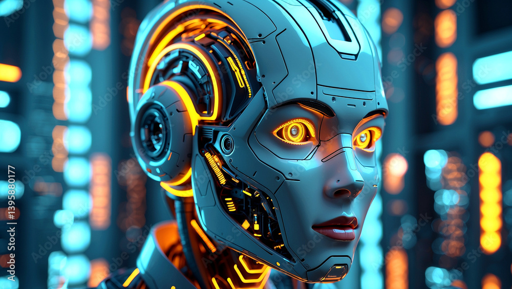 Fototapeta premium Futuristic robotic head surrounded by glowing technology