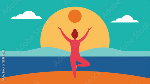 Calm Beach Yoga Exercise at a Colorful Sunrise Vector Illustration Background