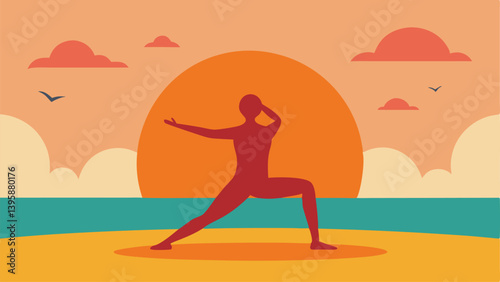 Serene Beach Yoga Practice at a Tranquil Sunrise Vector Illustration Background