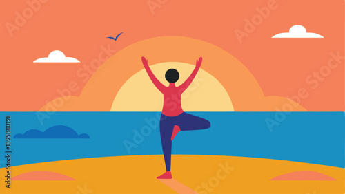 Peaceful Beach Yoga Session at a Beautiful Sunrise Vector Illustration Background