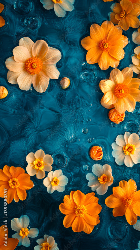 Beautiful aesthetic flowers in the pool water. Abstract Summer Floral art. Aqua transparent texture. Spa and cosmetic concept background with copy space