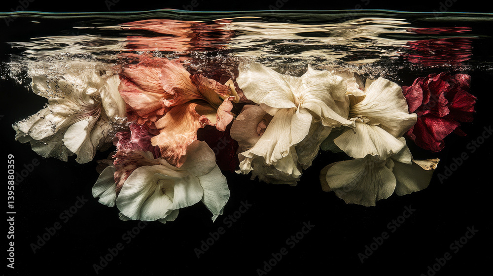 Beautiful aesthetic flowers in the pool water. Abstract Summer Floral art. Aqua transparent texture. Spa and cosmetic concept background