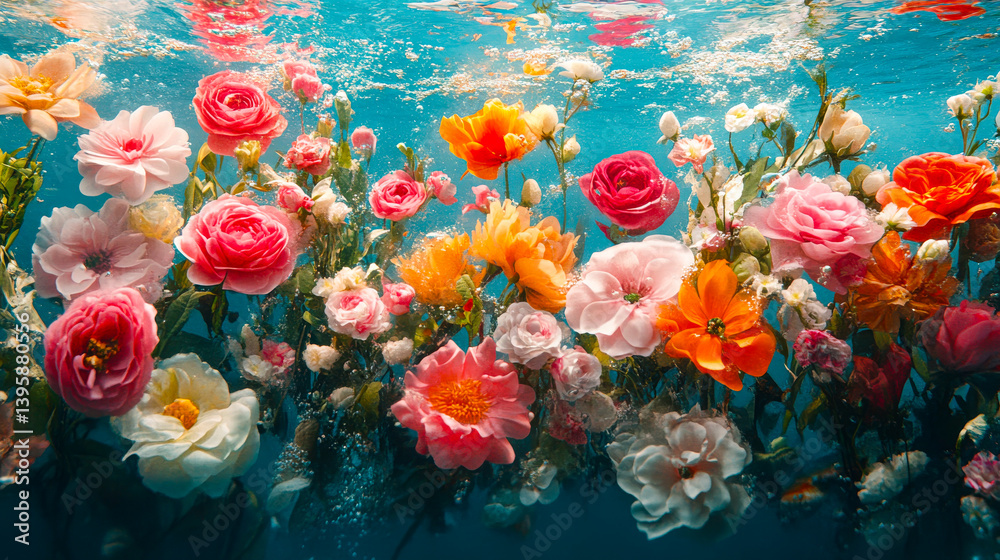 Beautiful aesthetic flowers thrown into the water with splash drops in the pool. Abstract Summer Floral art. Aqua transparent texture. Spa and cosmetic concept background