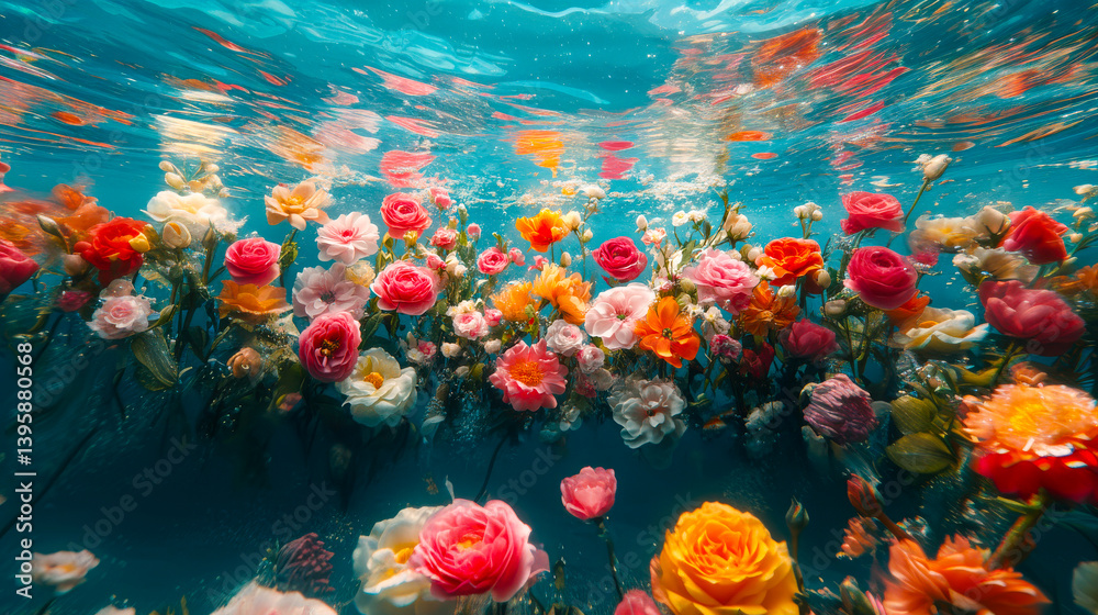 Beautiful aesthetic flowers thrown into the water with splash drops in the pool. Abstract Summer Floral art. Aqua transparent texture. Spa and cosmetic concept background