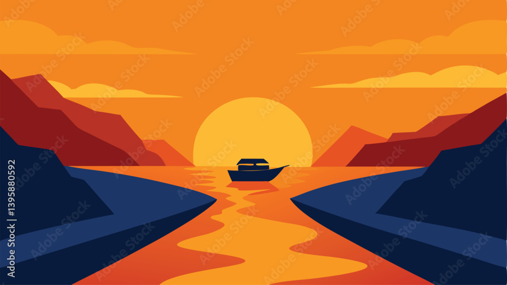 Peaceful Boat Floating on a Calm River at Sunset Vector Illustration Background
