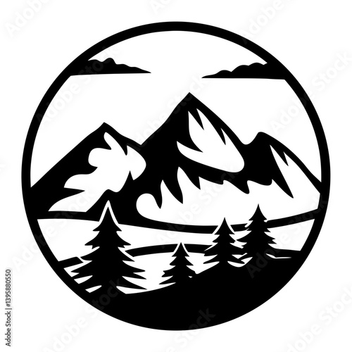 Free Download Majestic Mountain Landscape in a Circular Design Featuring Pine Trees and Clouds - GFXLoad