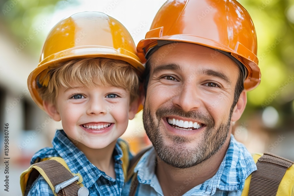 Father and son team working as construction workers on an active job site. Father and son team working as construction workers on an active job site.