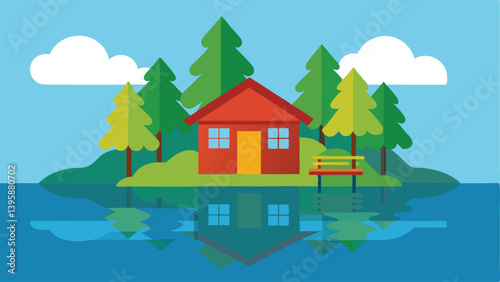 Idyllic Boathouse on a Calm Lake Surrounded by Tall Trees Vector Illustration Background