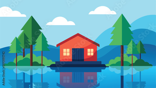 Picturesque Boathouse on a Lake Surrounded by Lush Trees Vector Illustration Background