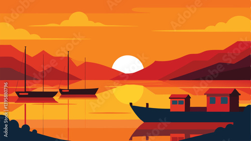 Quiet Boats Anchored on a Still Lake During Golden Hour Vector Illustration Background