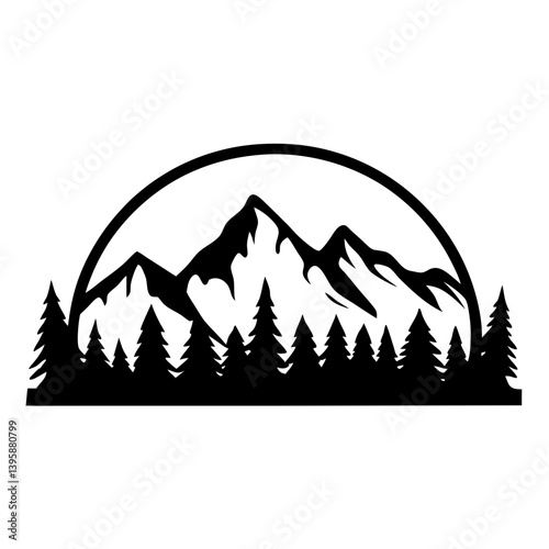 Majestic Mountain Peak Silhouette with Evergreen Forest under a Circular Sun