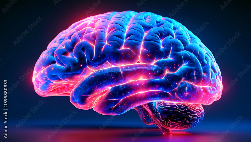 Glowing 3d brain in vibrant blue and pink hues